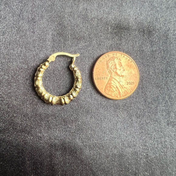 14K Yellow Gold Bamboo Hoop Earrings - Picture 5 of 7